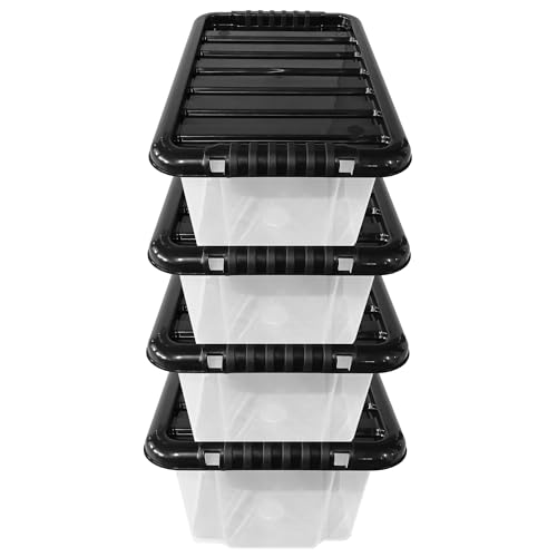 KAPCO 7L Plastic Storage Box with Black Lid (Pack of 4) | Small, Stackable, Strong, Durable Clear Box Containers for Home & Office | Multipurpose Storage Tubs | 30 x 20 x 15cm | 7 Litre - 4 Pack