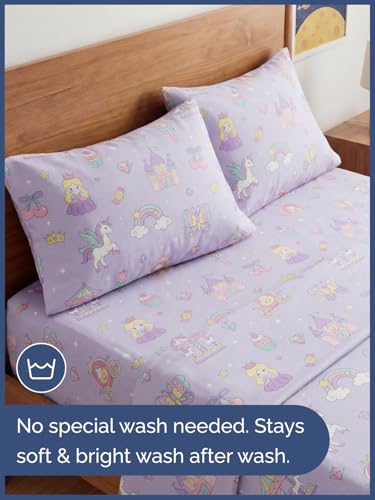 Image of Kids Full Size Princess Dreamland Bed Sheets - 4 Piece Kids Sheet Set | Princess Dreamland Themed Bedding, Ultra-Soft, Cute & Cozy, Breathable & Machine Washable, Bed Set for Boys, Girls & Teens