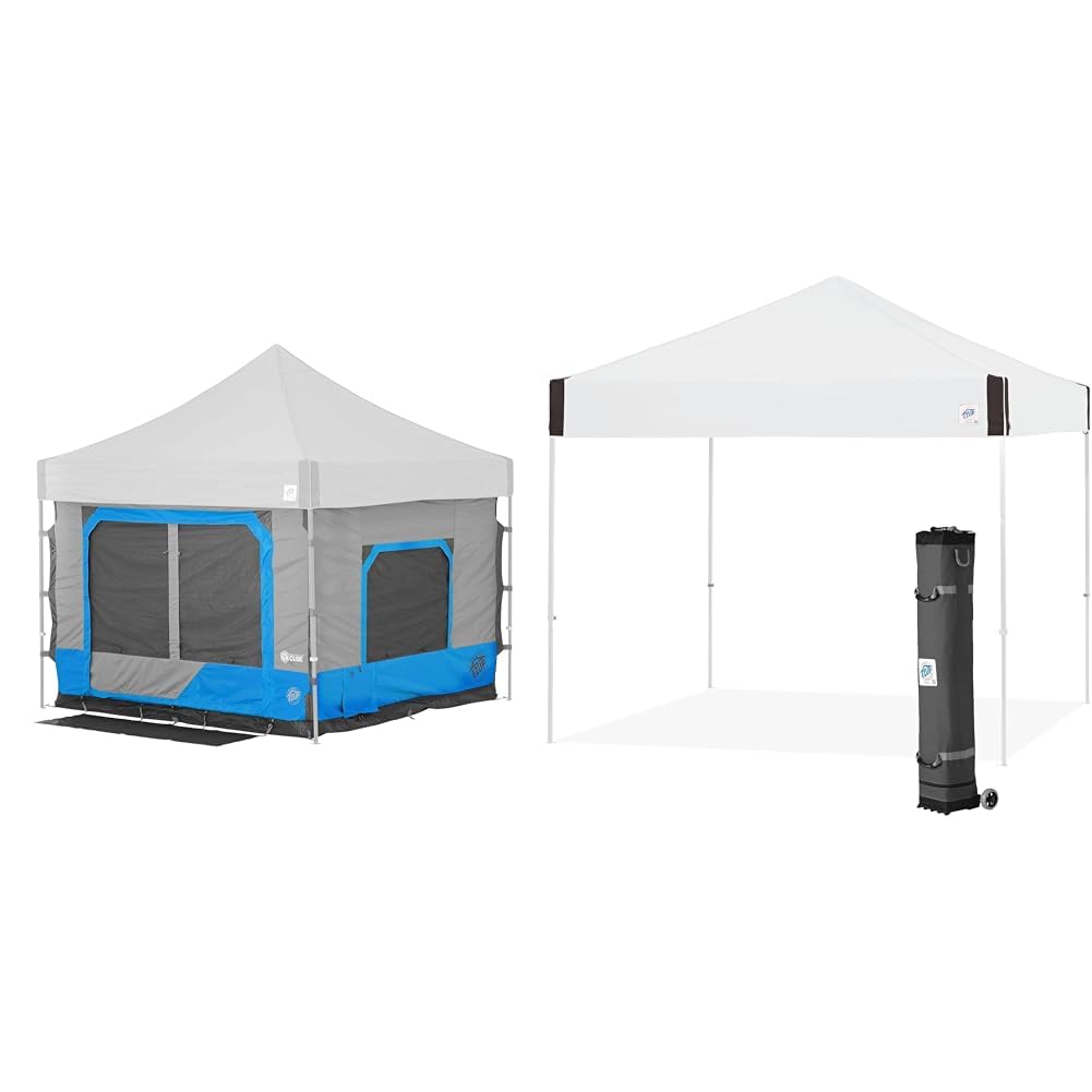 E-Z UP 10' x 10' Pyramid Shelter Bundle with Camping Cube 6.4 Tent Add-On, Roller Bag & Spike Set