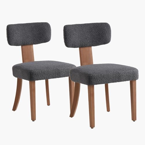 AMERLIFE Kitchen Chairs Set of 2, Boucle Chairs with Upholstered Curved Backrest & Seat, Modern Style Hardwood Frame, Dark Grey