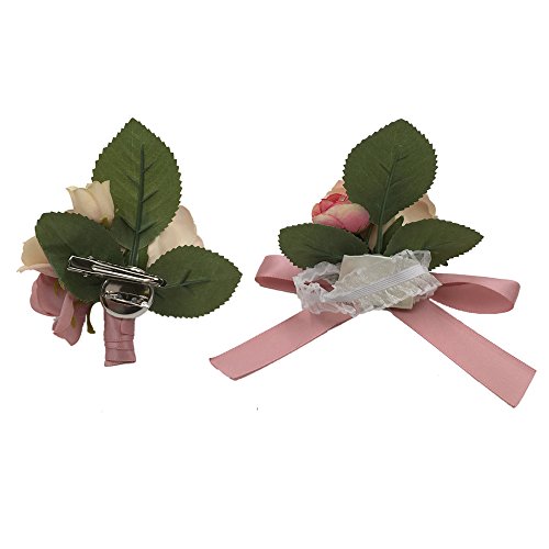 Abbie Home Prom Wrist Corsage Brooch Boutonniere Set Wedding Event Party Wristband Hand Flower Décor-Champagne&Pink #TOP4