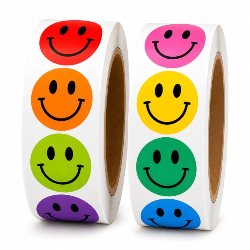 1000 Smiley Face Reward Stickers for Kids 1 Inch Round Multicolor Happy Face Stickers for Teachers Classroom Prizes Behavior Charts Sticker Charts and School Incentives 2 Rolls of 500