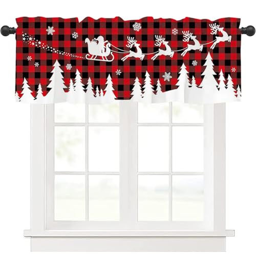 SMELEYOU Cortinas navideñas de 54x18 Pulgadas, Papá Noel a Cuadros de búfalo con Cenefa de Ventana de Trineo, patrón Transparente, Decoraciones navideñas Festivas para Interiores