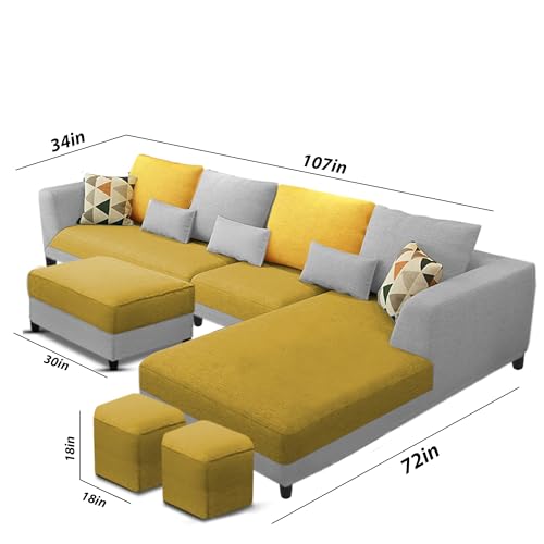 Image of Galib RHS 8 Seater L Shape Sofa Set for Living Room (Yellow Grey Fabric) Premium Fabric Sofa