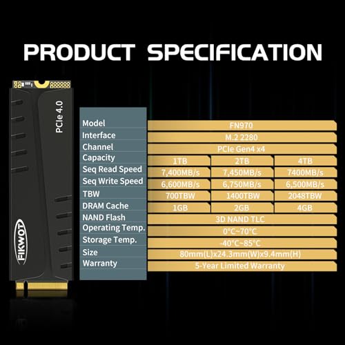 Image of Fikwot FN970 1TB M.2 2280 PCIe Gen4 x4 NVMe 1.4 Internal Solid State Drive with Heatsink - Speeds up to 7,400MB /s, Configure DRAM Cache, Internal SSD