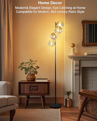 Image of Lightdot 64IN Dimmable Floor Lamp with Glass Globe Shade, Modern Gold &Black Standing Lamps with 4PCS Warm White Bulbs Included, Mid Century Floor Lamp with 5Lbs Heavy Base for Living Room /Sofa Beside