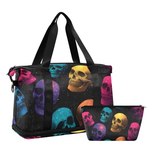 ALAZA Sports Duffel Bags with Toiletry Bag Set,Color Of Nebula Skull Head Pattern Travel Duffel Bags Multi Pockets Weekend Bag2