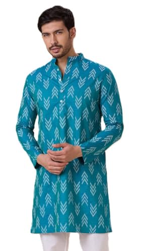 Image of Studio Shringaar Men's Cotton Blend Relaxed Fit Ikat Printed Knee Length Kurta