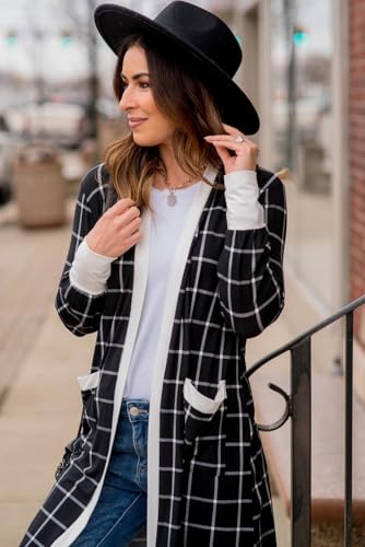Women's Black Plaid Colorblock Edge Open Cardigan with Pockets4
