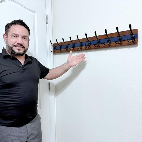 Image of SKOLOO Rustic Coat Rack Wall Mount- 38-1 /8 inch Long Coat Hooks for Wall with 10 Triple Hooks for Hanging Coats, Hats or Tools, Western National Parks Collection, Wood Brown & Blue, Pack of 2