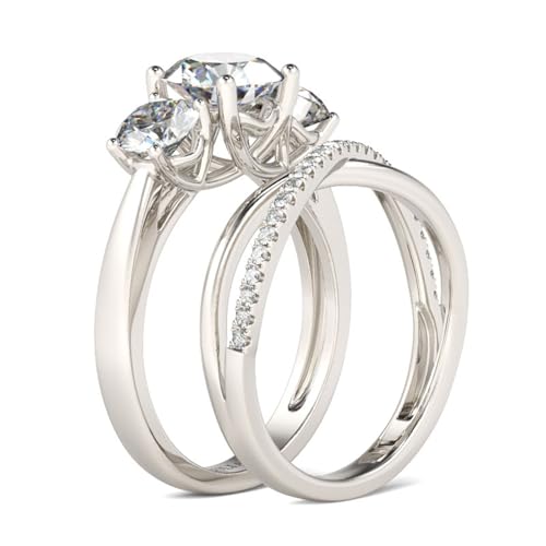 Jeulia 3-Stone Wedding Engagement Ring Set for Women, Sterling Silver Round Cut 2pcs Crossover Bridal Set CZ Promise Band Ring Anniversary Romantic Jewelry Gift with Box3