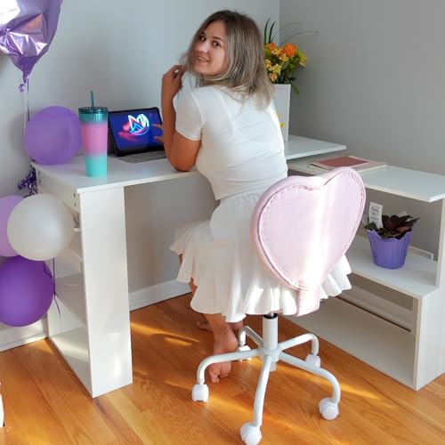 Image of HOMCOM Heart Love Back Office Chair with Adjustable Height and 360 Castor Wheels, Vannity Stool Chair, Pink