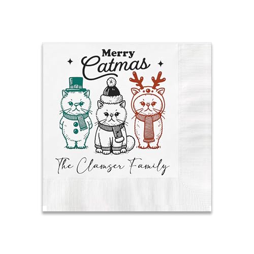 Merry Catmas themed cocktail napkins, Personalized with
