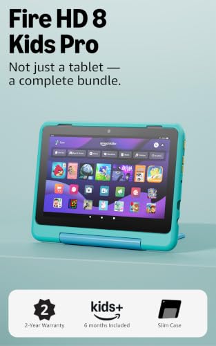 Image of Amazon Fire HD 8 Kids Pro tablet, ages 6-12. Bright 8 inch HD screen, includes ad-free content, parental controls, 13-hr battery, slim case for older kids, 64GB, Hello Teal, (2024 release)