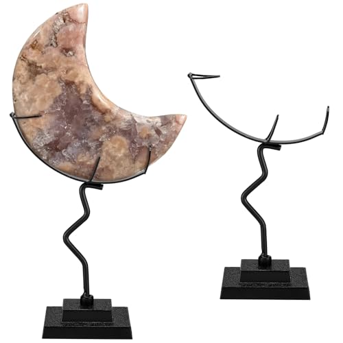 BrightRow 2 Pcs Moon Crystal Holder Rock Display Stand Moon Shaped Crystal Display Gemstones Holder Metal Rock Stands with Base for Gemstones Mini Balls Geodes Mineral Agate Home Office Decor (Black)