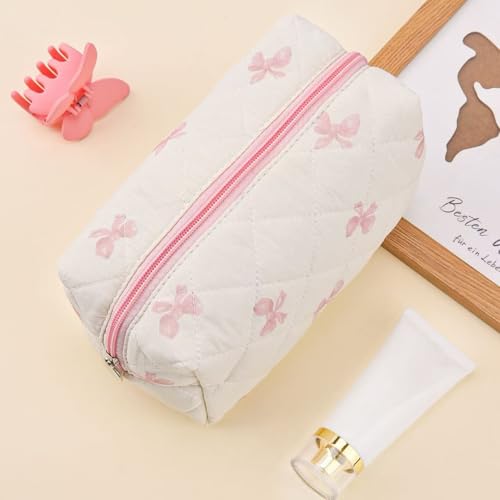 Image of Floral Quilted Makeup Bag - Cosmetic and Skincare Product Pouch, Fashionable Travel Puffy Coquette Makeup Bag, Small Cute Attractive, Bow, Modern