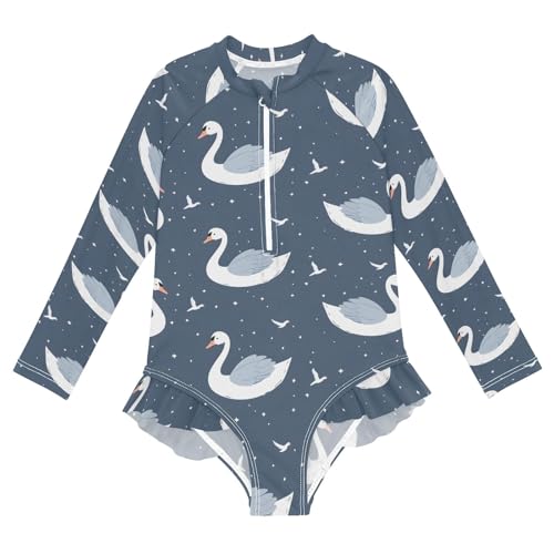 Swan Dark Background Girls Long Sleeve Swimsuit Rash Guard One Piece Bathing Suits Zipper 3-12T