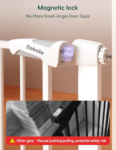 Image of Babelio 29-43 inch Magnetic Baby Gate for Stairs,Doorways House,Kitchen,30 inch Tall Pet Door with Baffles,Pressure Mounted & Dual-Lock Design Safety for Kids Toddler,Auto-Close /Hold-Open,White