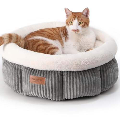 FUKUMARU Cuccia per Gatti da Interno, Cuscino Rotondo per Gatti e Cani con Bordo Rialzato, Cuccia Gatto Lavabile, Morbido Lettino in Peluche di Velluto a Coste, Grigio