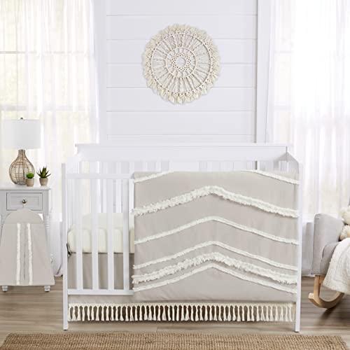 Image of Sweet Jojo Designs 4-Piece Baby Crib Bedding Set (Boho Chic) for Boys or Girls, Infants/Nursery incl. Blanket, Fitted Sheet, Skirt, Diaper Stacker (Linen, Beige, Neutral, Modern Farmhouse, Shabby)