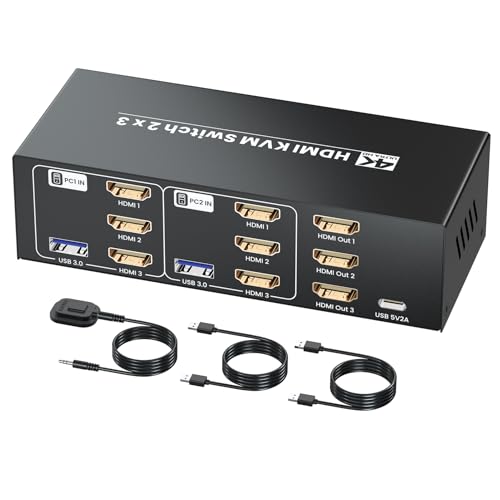 4K/60Hz HDMI KVM Switch 2 Computers 3 Monitors, 2 Port HDMI KVM Switcher 2 in 3 Out for 2 PC Share 3 Monitors and 4 USB 3.0 Ports, Support Copy Mode/Extended Mode, Two Switching Modes