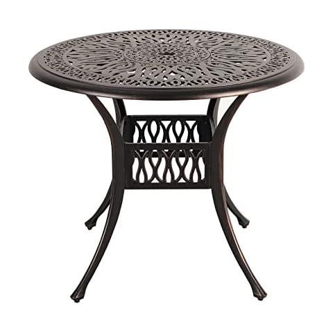 COBANA Patio Bistro Table, 35.4’’ Round Cast Aluminum Outdoor Dining Retro Side Table with 2’’ Umbrella Hole, Bronze Cover
