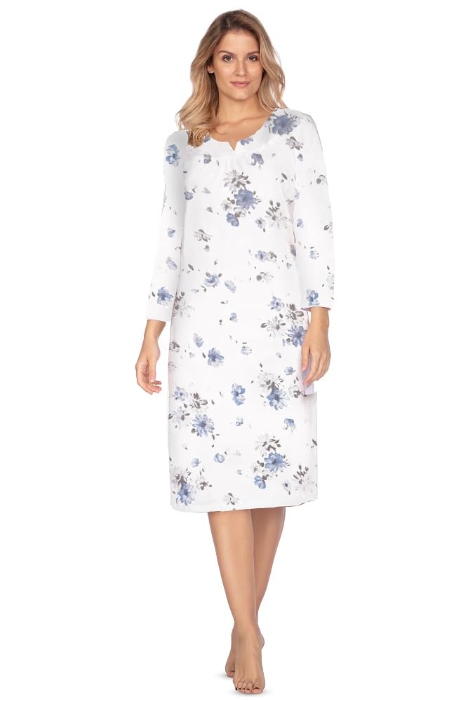 e.Femme® Jana 1092 Women's Nightdress 7/8 Sleeve 100% Cotton, white/blue, 16