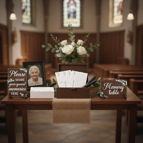 Image of Gilprop 112 Pcs Celebration of Life Memory Cards Set Share a Memory Cards with Box 2 Wood Sign with 4 Hold and 5 Pens, Sympathy Memorial Gifts Funeral Keepsake Decorations(Eucalyptus Leaves)
