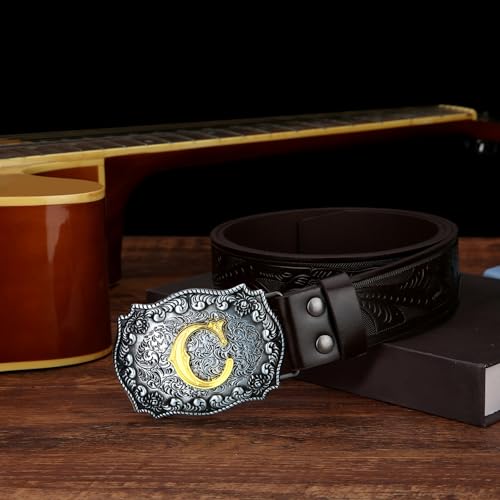Image of Men Cowboy Belt, Western Cowgirl Big Letter Buckle Belts | Longhorn Bull Strap for Jeans Pants, Faux Leather Embossed Floral County Waistband