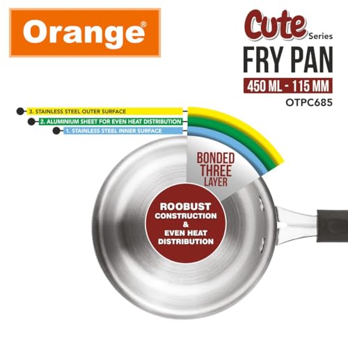 Image of Orange Triply Stainless Steel Mini /Baby /Small Sized (Cute Fry Pan 450 ML) | Heavy Bottom | Induction Friendly | 2.5mm Thickness | Cool Touch Bakelite Stainless Steel Handle | 5Year Warranty