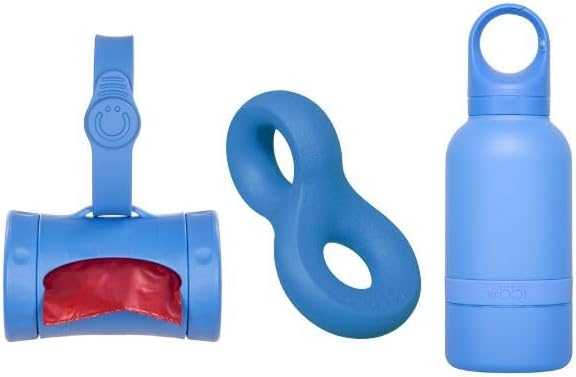 Ubbi Dog Park Bundle, Includes 1 Insulated Stainless Steel Water Bottle for Owner and Pet, Poop Bag Holder, and Natural Rubber Chew Toy, Blue