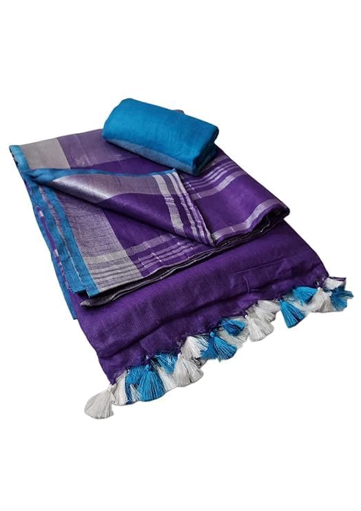 Image of STB-SILK TEXTILES BHAGALPUR Women's Linen Slub Saree With Contrast Blouse Piece