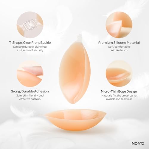 NONIO Adhesive Bra Strapless Sticky Invisible Push up Reusable Silicone The Best Off Backless Viscous for Women (US, Cup Band, B, Nude)