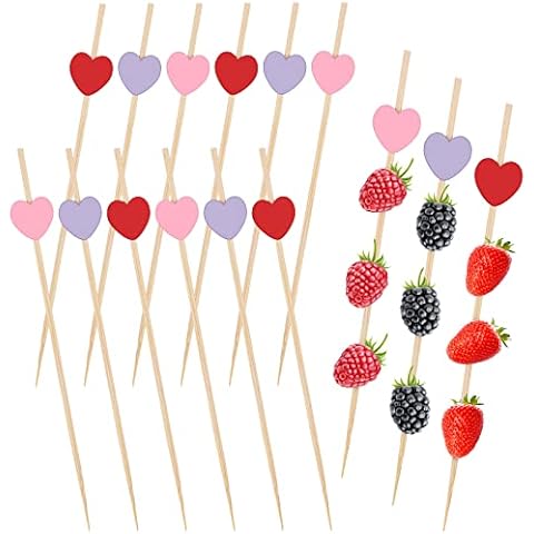 100 Pieces Heart Fancy Toothpicks Long Cute Bamboo Cocktail Picks Pink Red Purple Valentine's Day Heart Bamboo Skewers Fruit Food Sticks for Party Supplies and Favors Cover