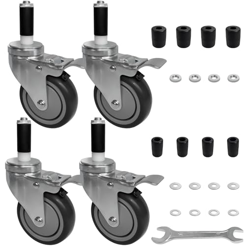 MySit 4 Inches Prep Table Wheels Set of 4, Expanding Stem Casters with Double Brake Fit 7-8, 1, 1-1-8, 1-1-4, 1-3-8ID Tube Pipe Legs for Stainless Steel Kitchen Cart, Wire Shelving Racks