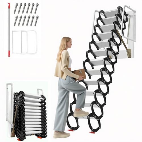 12Ft Attic Ladder Pull Down System, 12 Step Aluminum Alloy Attic Ladder, 2500LBS Load Capacity, Attic Stairs, Wall-Mounted with Pull Rod, Attics, Garages & Basements