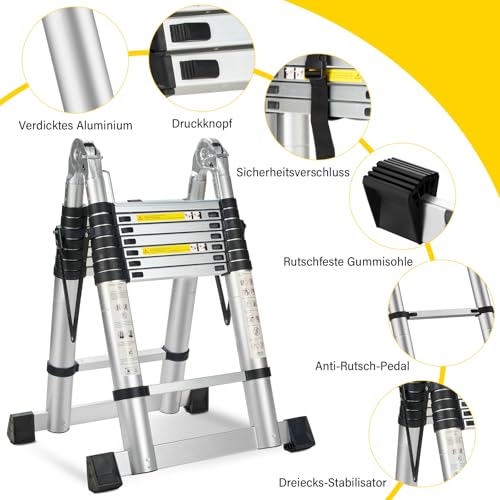 STANEW 5M(2.5+2.5M) Alu Teleskopleiter Teleskop Klappleiter, Groosse Anwendbarkeit Multifunktionsleite, 2-in-1-Multifunktions Aluleiter mit Gelenkverschluss, Charge Maximale : 150 kg, Silber