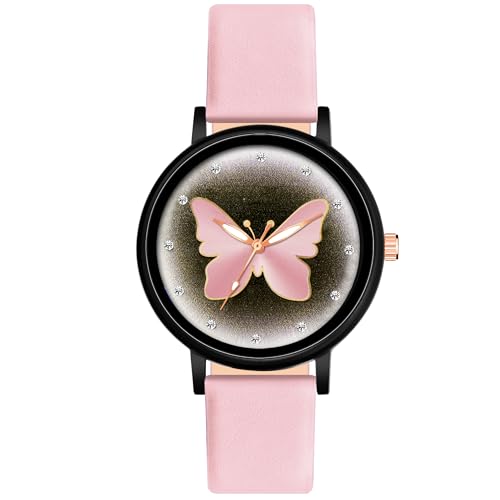 Acnos Fashionable Pink Butterfly Dial Analog Digital Watch for Women with Studded Leather Strap