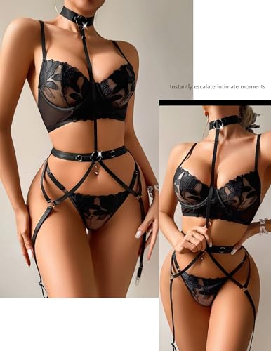 Image of Avidlove Garter Lingerie Sets for Women Sexy with Removable Choker Floral Embroidered Underwire Lingerie (No Stockings)