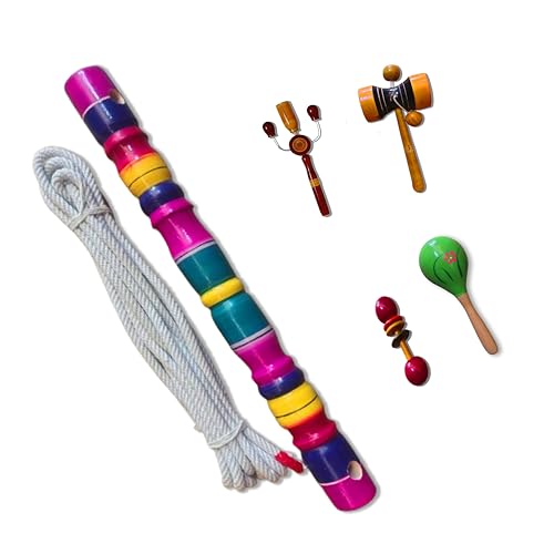 Image of Wooden Multicolor Thottil Kambu with 5m Rope and Rattles Combo (Wooden Dumbbell Rattle, TIK-TIK Rattle,Damru Rattle,Egg Shaker)