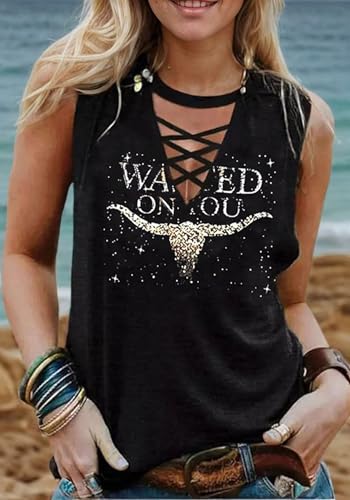 Wasted On You Steer Skull Criss-Cross Hollow Out Tank Tops Women Western Cowboy Rodeo Shirt Tops Country Music Tank Tops2