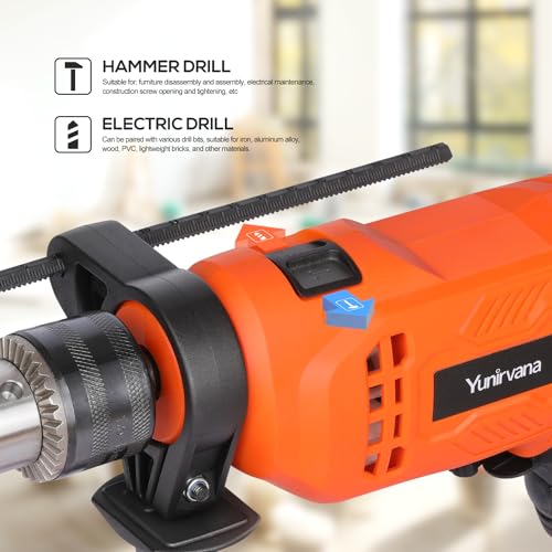 Yunirvana 4.5Amp 1/2-inch Corded Impact Drill Hammer Drill with 105pcs Accessories, Variable Speed 0-3000, Hammer and Drill 2 Functions in 1, 360°Rotating Handle, Depth Gauge, Carrying Case Included