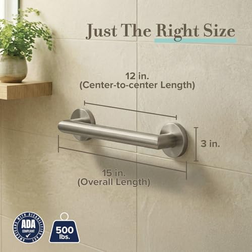 Image of Gatco 970 Glam Shower Grab Bar, 12 Inch, ADA Compliant Stainless Steel, Satin Nickel, Wall Mounted Bathroom Handrail