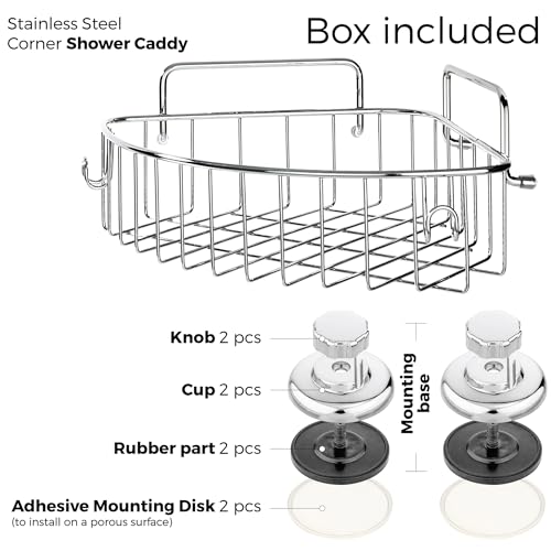 Corner Shower Caddy with Suction Cups and 3M Adhesive Mounting Discs for porous surfaces - Stainless Steel Basket for Bathroom Storage (Chrome)