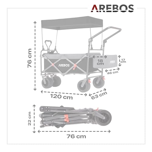 Arebos Bollerwagen faltbar mit Dach | Luxus Handwagen | Faltwagen | Transportwagen | XXL Tasche | klappbar | bis 100 kg | Gerätewagen | 360° Vorderräder | Inkl. Tragetasche | Schwarz – Bild 8