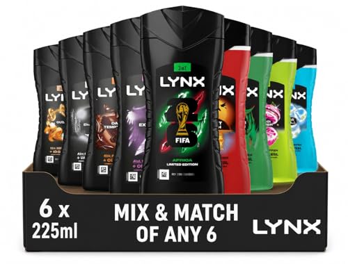 LYNX Body Wash Variety Pack 6 x 225ml Mix & Match Bundle Assorted Fragrances & Variants Mens Shower Gel Collection Any 6 Bottles Selected From Available Range
