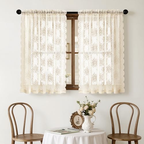 Image of MIULEE Vintage Floral Scalloped Lace Curtains 2 Panels, Cream 52 inch W x 54 inch L | Victorian Decorative Design, Semi Sheer Curtains, Pretty Cafe Short Tier Panels, Lace Small Drapes for Kitchen