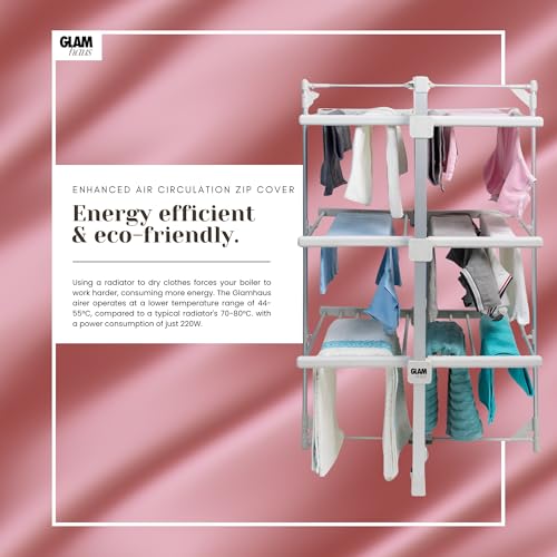 GlamHaus Electric Heated Clothes Airer Dryer Rack Aluminium with Cover Indoor - Folds Flat for Easy Storage - 3 Tier Design - Only 220W - Image 5