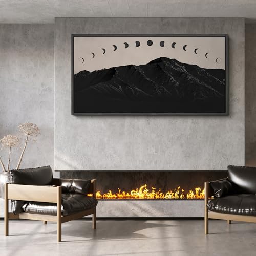 Image of MUDECOR Extra Large Framed Canvas Print Wall Art Black Mountain Silhouette with Moon Phases Minimalist Antique Retro Ready to Hang Painting for Living Room Bedroom Multi-Sizes - 60 inchx30 inch
