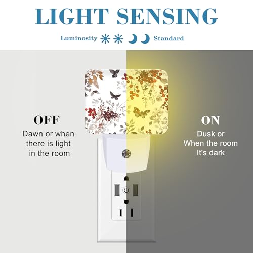 Image of Vintage Wildflower Plants Night Light Plug into Wall, Butterfly Night Light with Dusk to Dawn Sensor for Kid Girls Boys Women Men Room, Hallway, Kitchen, Bathroom, Stairs Decor
